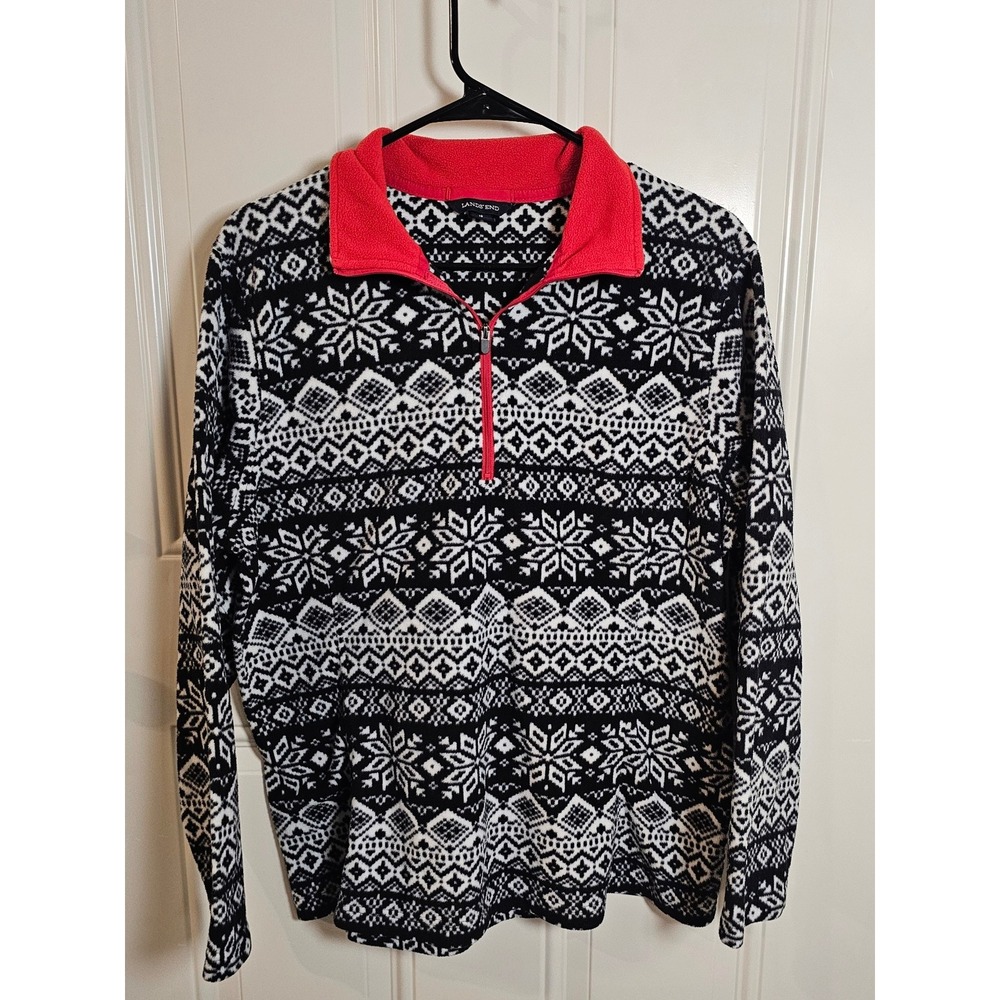 Lands End Womens Fleece Quarter Zip‎ Pullover Black White Fair Isle Snowflake L - Picture 8 of 10